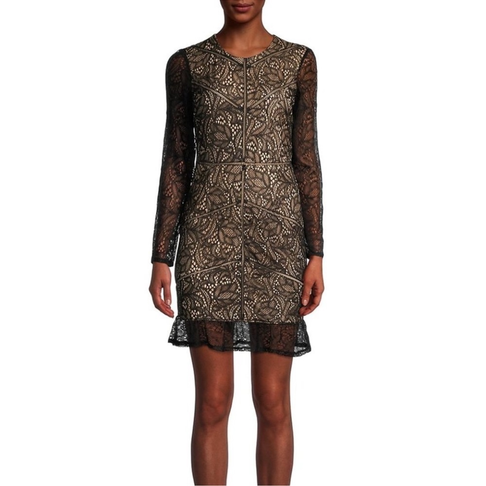 BARDOT Beige Lined Black Lace Ruffle Hem Dress